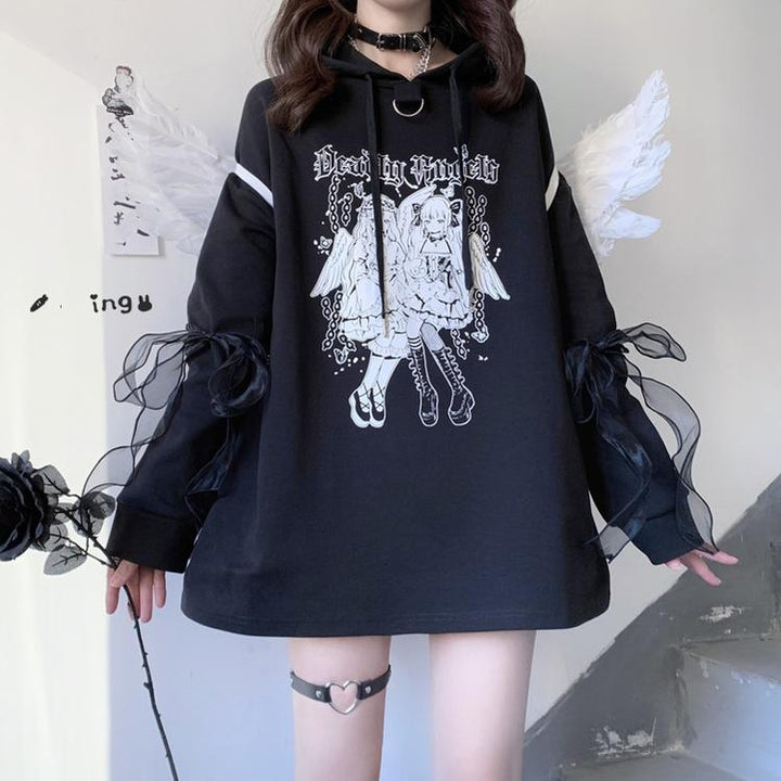 Jirai Kei Hoodie Black Top Angel Printed Hoodie Lace Up 37572:563138 37572:563138