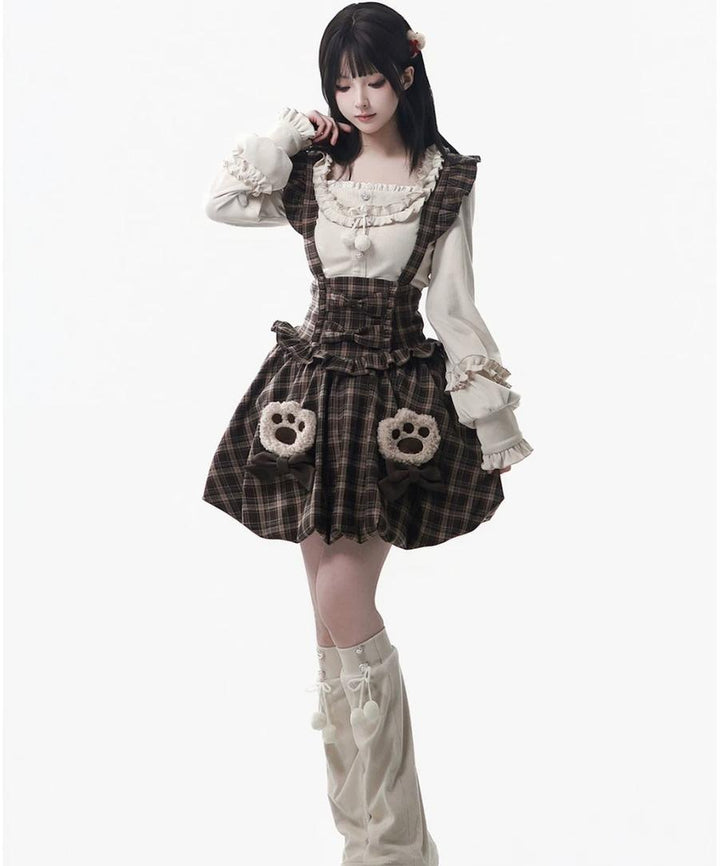 Winter Plaid Suspender Bubble Skirt, Bear Ear Plush Cape 45991:872202