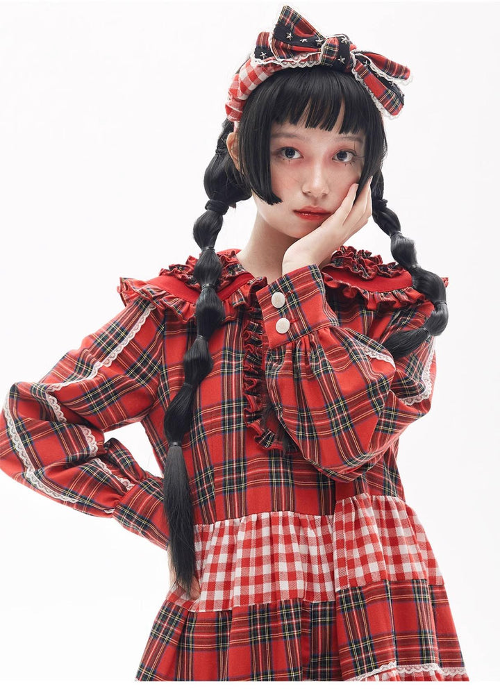 Sweet Lolita Dress Kawaii Dress Retro Dress Red Plaid Dress 36148:542894 36148:542894