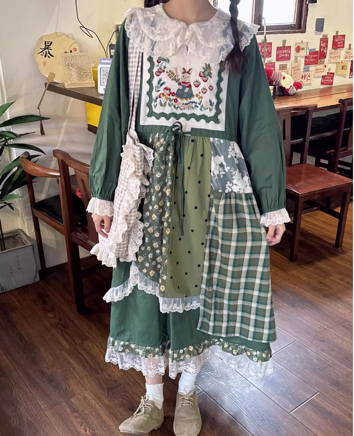 Cottagecore Dress Mori Kei Dress Green Floral Patchwork Dress 36226:525206