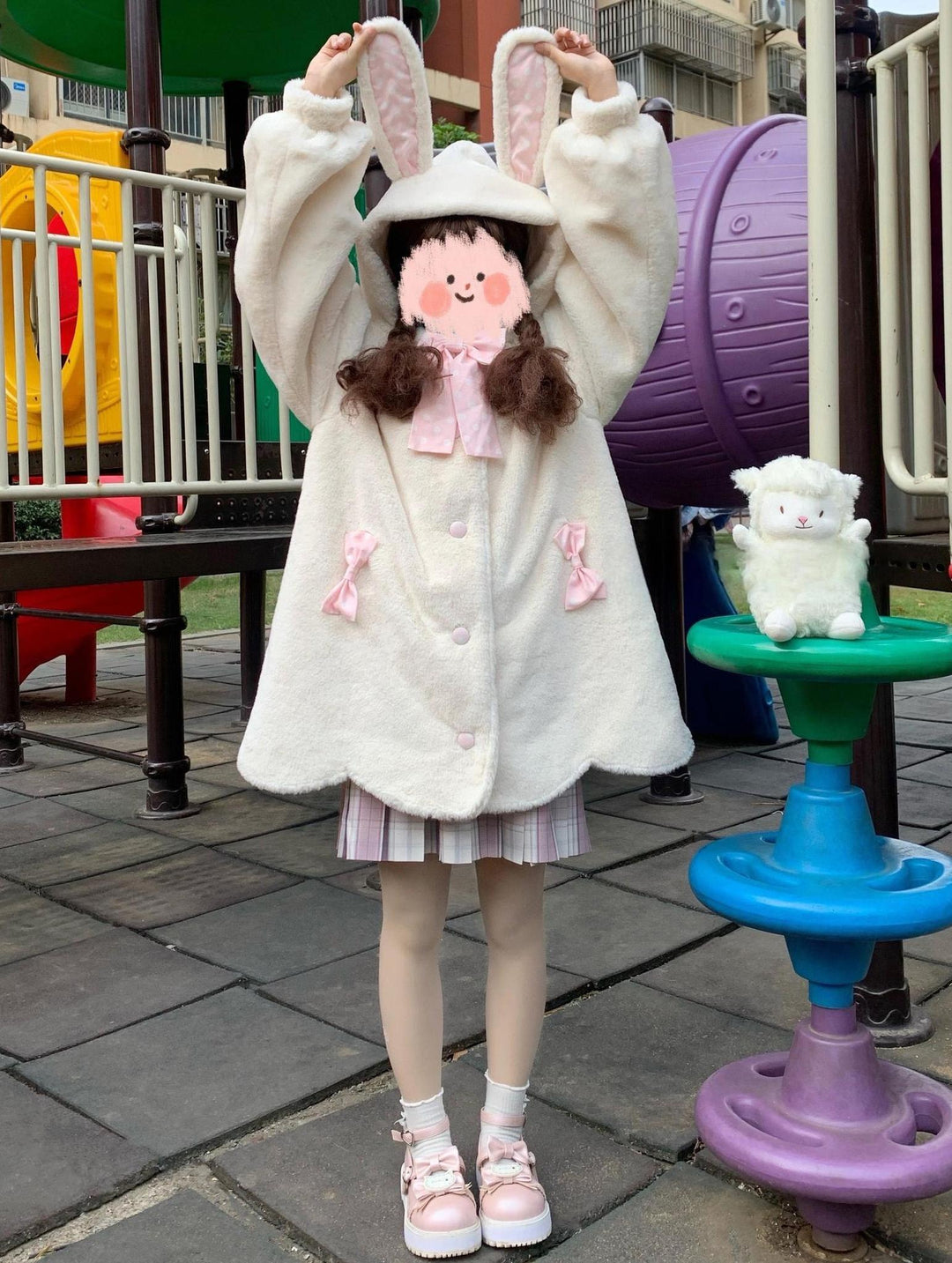 Jirai Kei Coat Sweet Bunny Ear Hoodie Long Fleece Coat 40938:682320