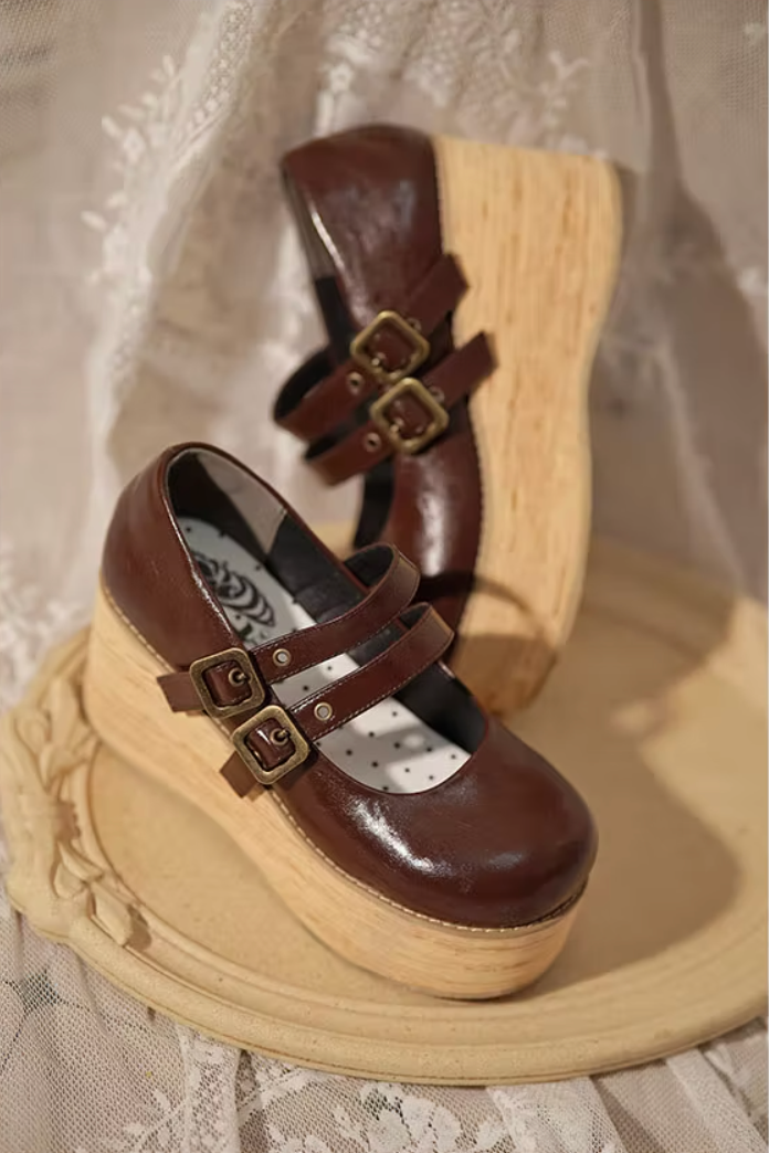 Retro-wooden Bottom Double Button Platforms Multicolor 21784:318844