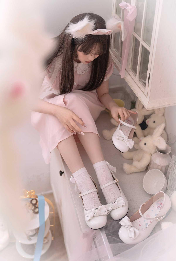 Kawaii Lolita Round-toe Bow Flat Shoes Low-heeled Shoes 15Colors 22818:330338 22818:330338