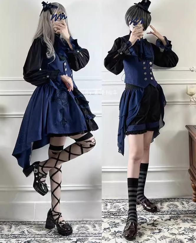 Ouji Lolita Prince Outfit Navy Blue Lolita Blouse Skirt Set 39360:633286