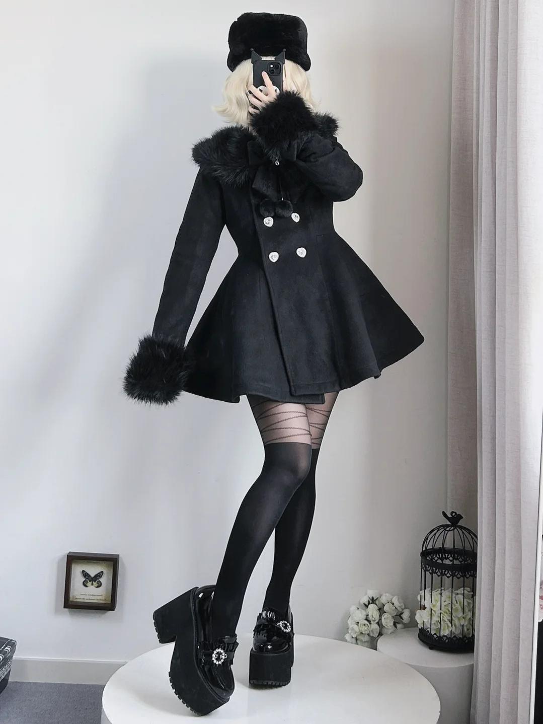 Jirai Kei Coat Detachable Plush Collar Cuffs Plush Coat 39634:674340