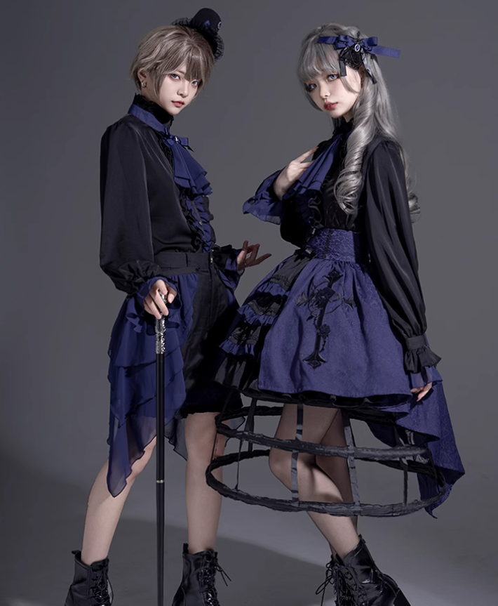 Ouji Lolita Prince Outfit Navy Blue Lolita Blouse Skirt Set 39360:633352