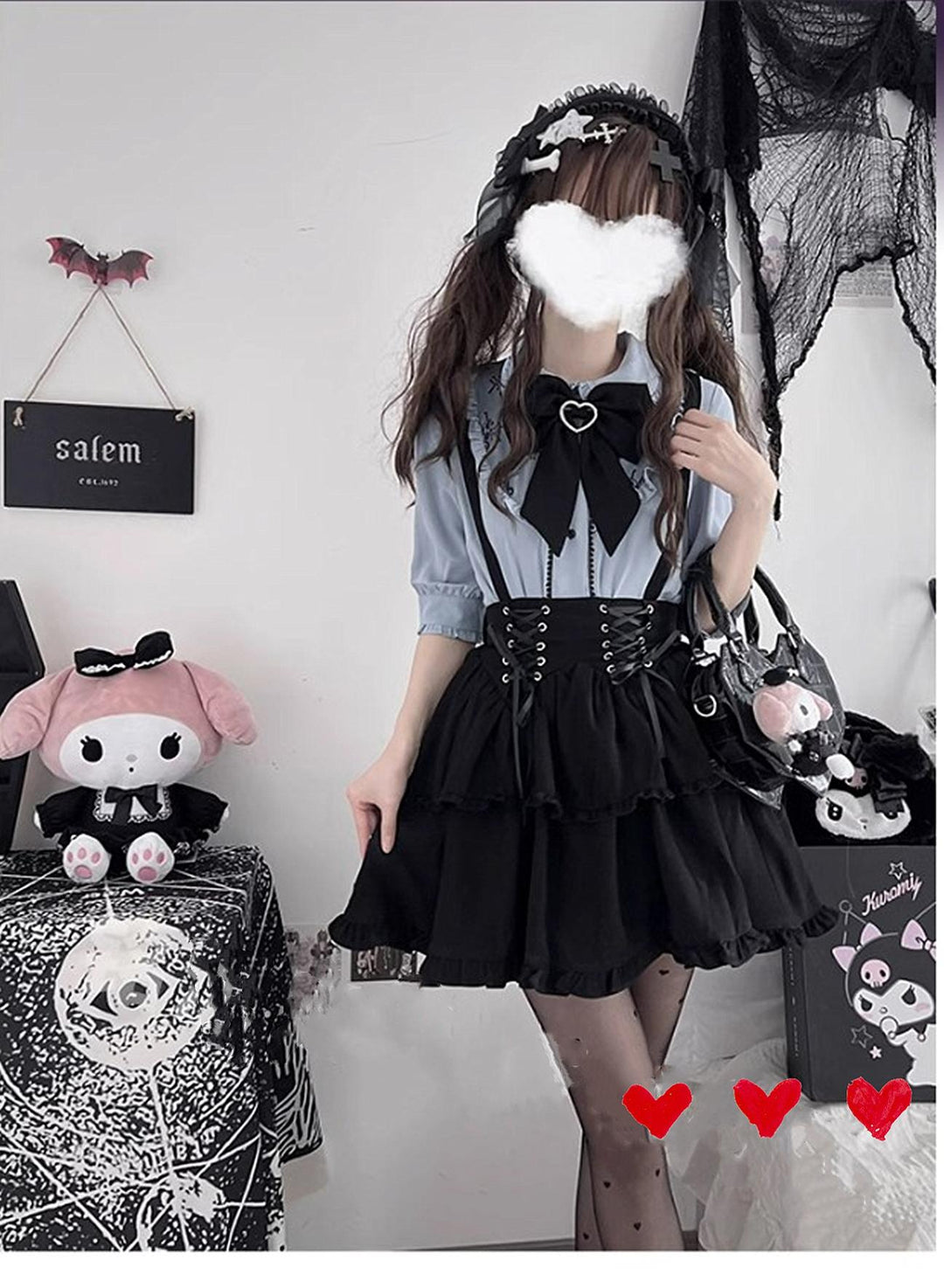 Jirai Kei Pink Blue Blouse Black Suspender Skirt Lace Up Skirt Set 21830:632112