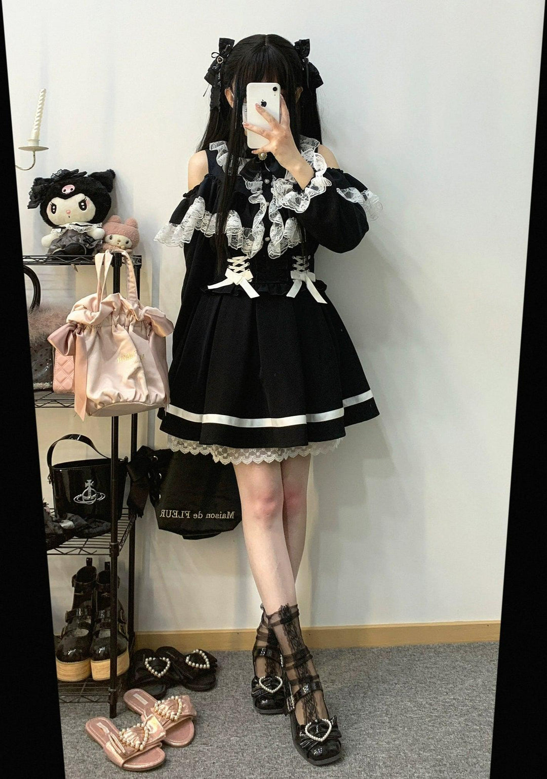 Jirai Kei Blouse Double Ruffle Open Shoulder Shirt 31856:768505