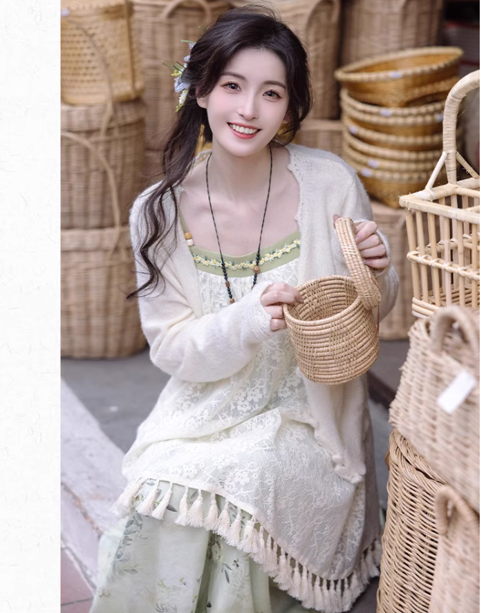 Cottagecore Dress Mori Kei Strap Dress Floral Dress With Tassels 36246:534468