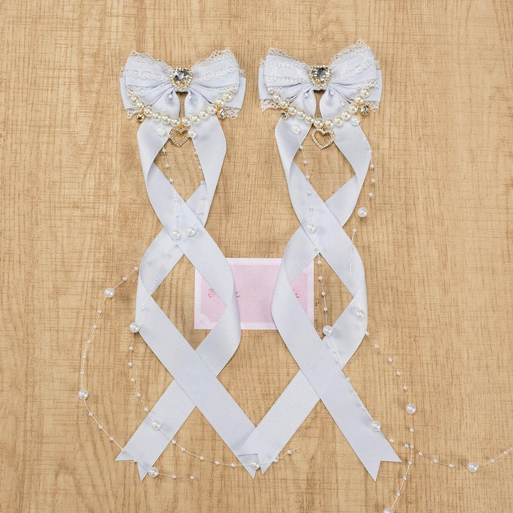 Jirai Kei Bow Hair Clip, Heart Rhinestone, Pearl Chain, Lace Trim (Pair) 43501:778693