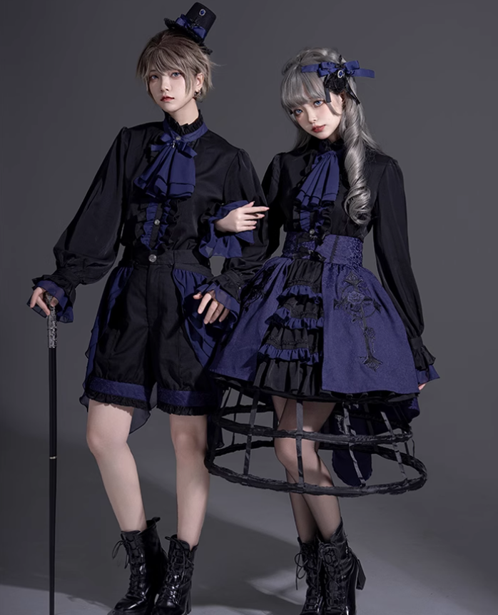 Ouji Lolita Prince Outfit Navy Blue Lolita Blouse Skirt Set 39360:633350