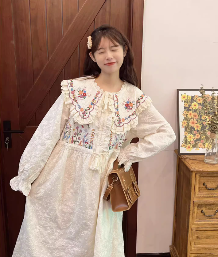 Cottagecore Dress Mori Kei Dress Embroidered Lace Dress 36214:524370