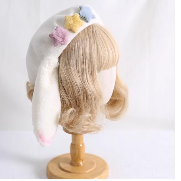 Lolita Japanese Sweet Bunny Ears Knit Painter White Hat (White) 28932:344782 (White) 28932:344782