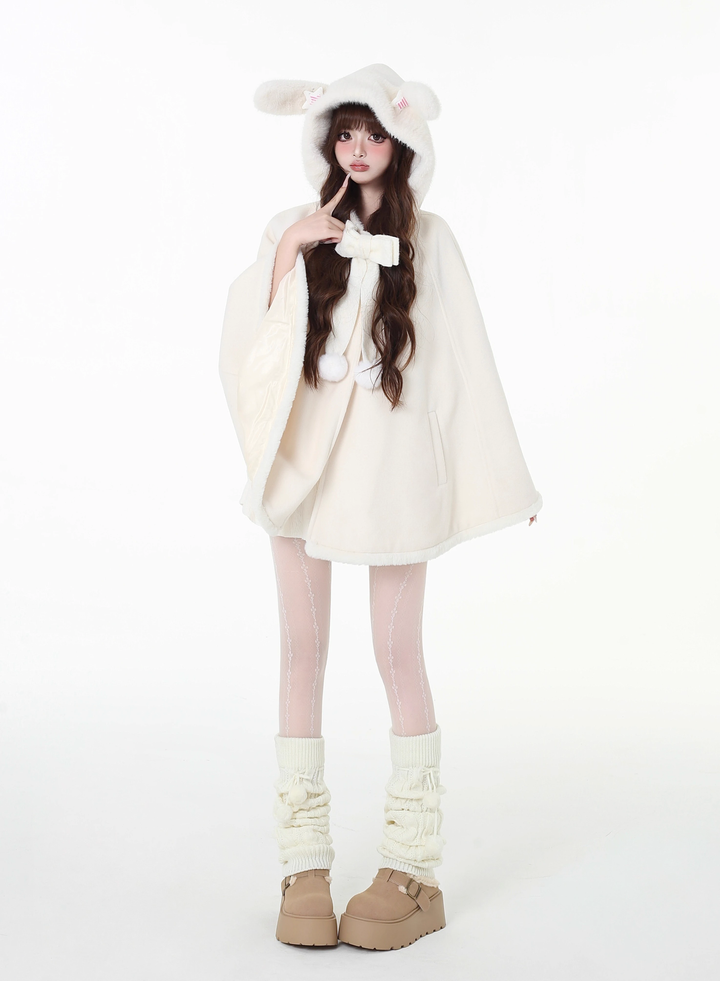 Jirai Kei Winter Coat White Bunny Ear Hooded Cape Coat 41056:684504