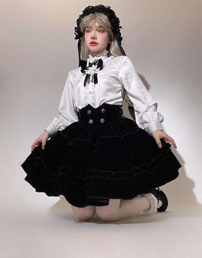 Ouji Lolita Prince Outfit Set Black Skirt Velvet Shorts Set 39368:632044