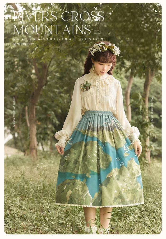 Lolita Dress Rivers Cross Mountains Print Lolita Dress Set 39412:627116