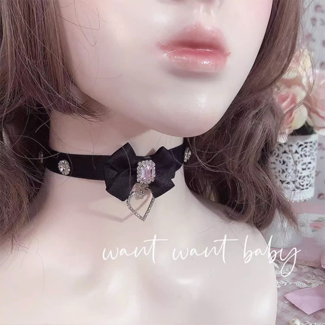 Jirai Kei Pink Black Bow Rhinestone Necklace Choker 21762:313100