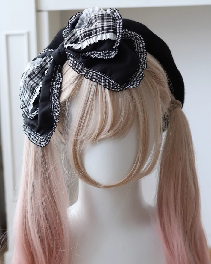 Lolita Beret Retro Bow Hat Black And White Plaid Hat 39650:635552