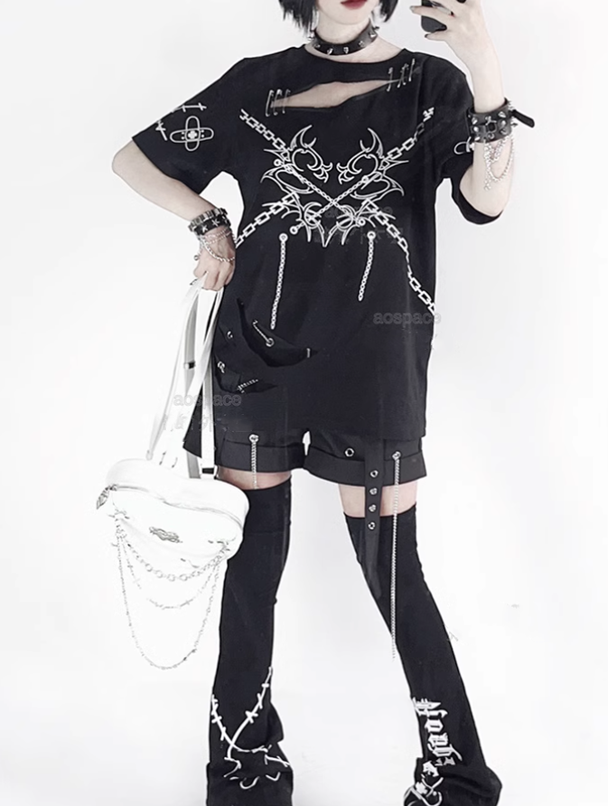 Jirai Kei T-shirt Punk Top With Holes Short-sleeved Top 39666:635250