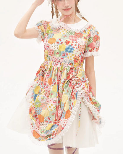 Sweet Lolita Dress Kidcore Floral Dress Drawstring Dress 36156:543436