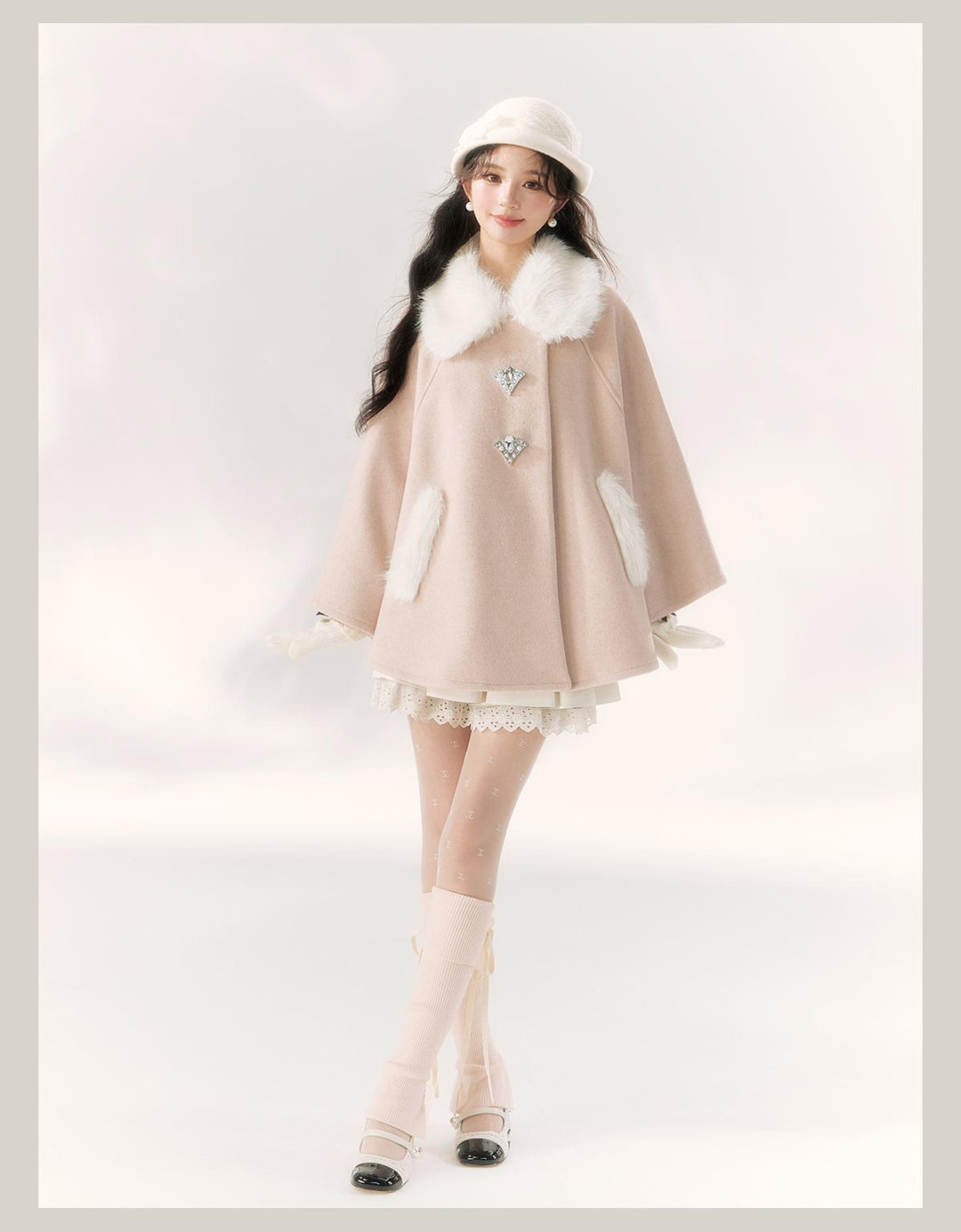 Jirai Kei Cape Woolen Coat Winter Fur Collar Coat 41062:685608