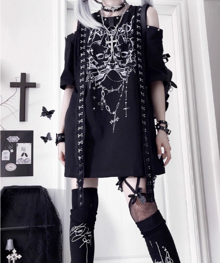 Open-Shoulder Subculture Cotton T-Shirt 43872:789434