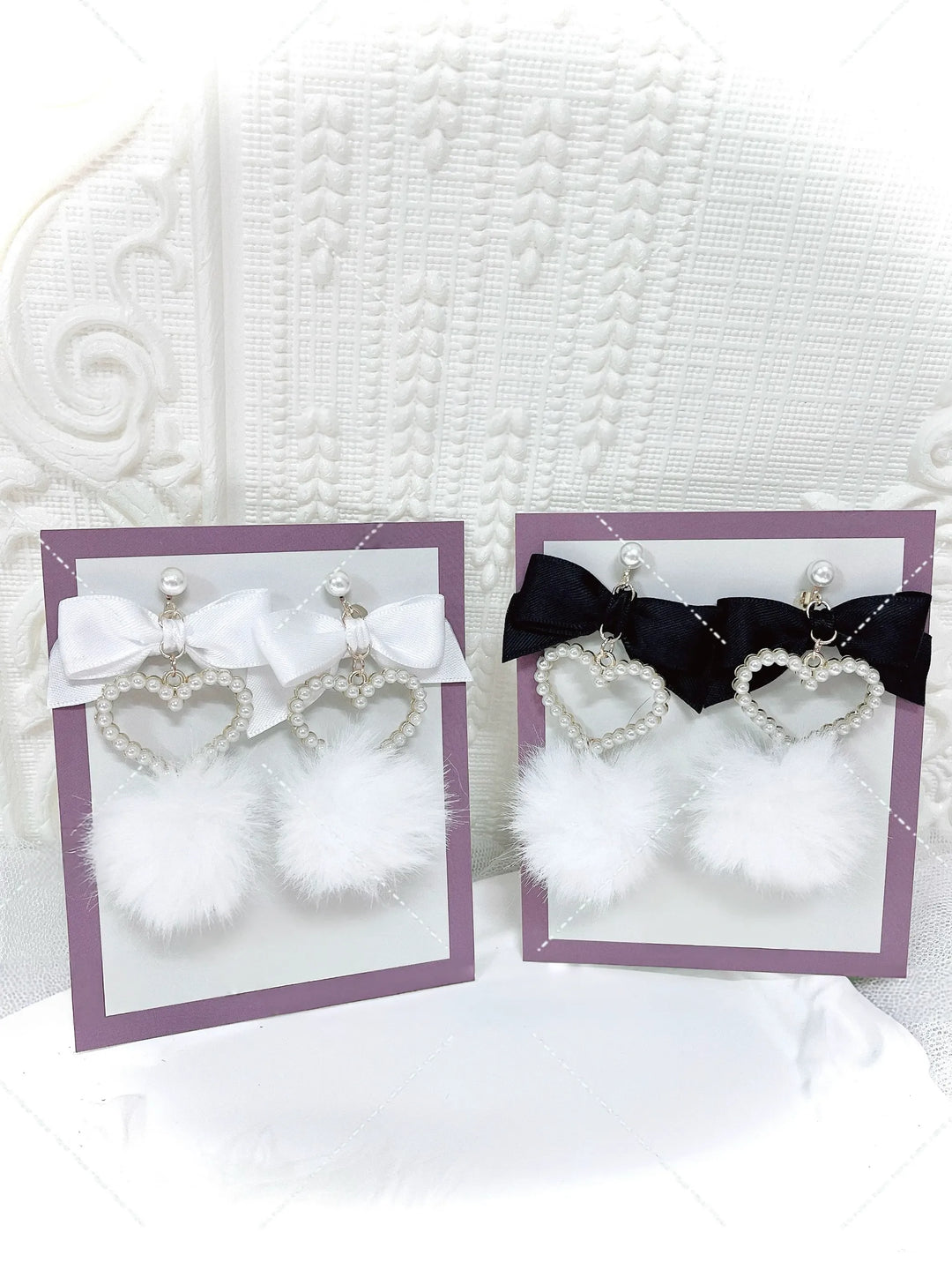 Jirai Kei Heart-shaped Earrings, Fluffy Pom-pom & Bow Accents 45694:860105
