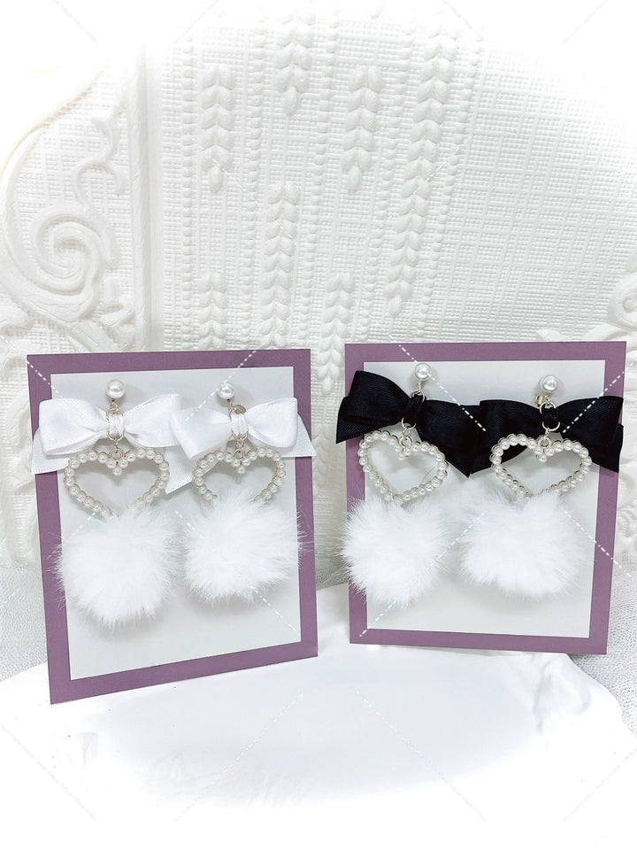 Jirai Kei Heart-shaped Earrings, Fluffy Pom-pom & Bow Accents 45694:860105