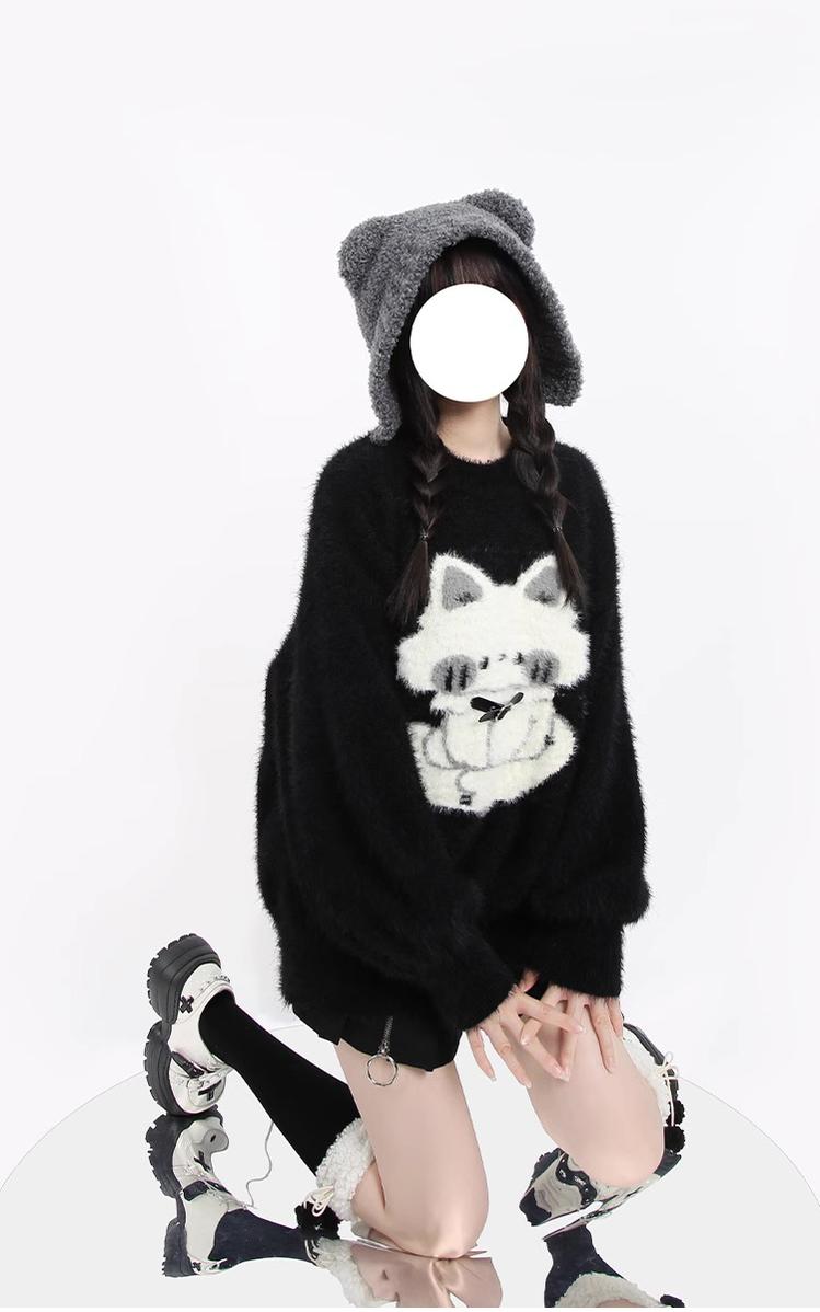 Kawaii Black Sweater Fluffy Voluminous Thickening Sweater 22752:326936