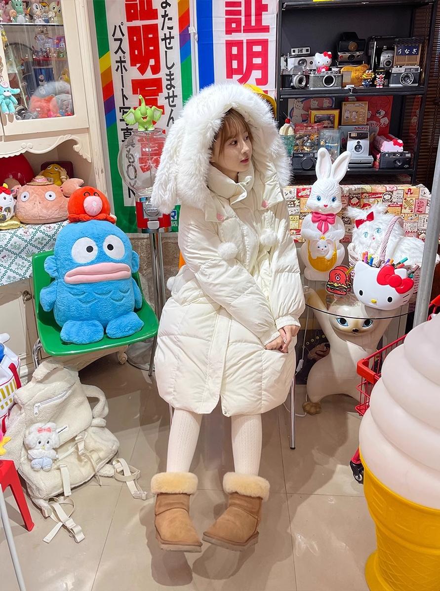 Kawaii Winter Coat Rabbit Ear Hooded Long Down Jacket 40340:665646