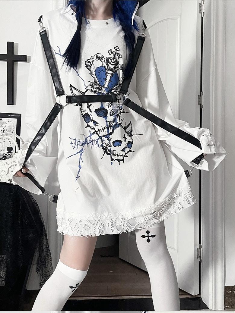 Gothic Printed Long Sleeve Tee, Detachable Strap 44336:804685