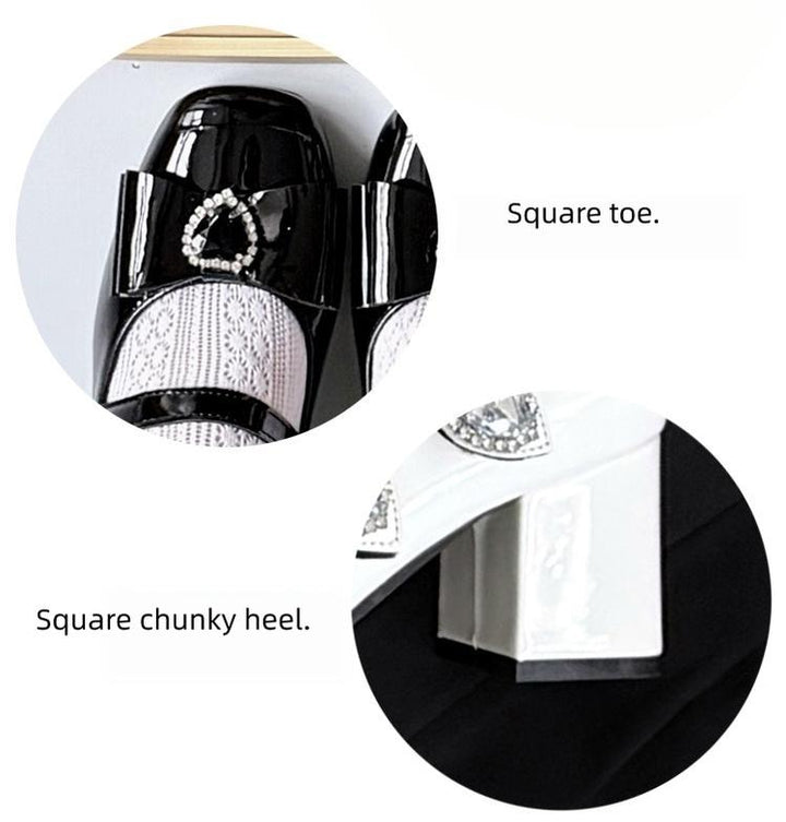 Jirai Kei Square Toe Chunky Heels, Heart rhinestone Details 45840:867451