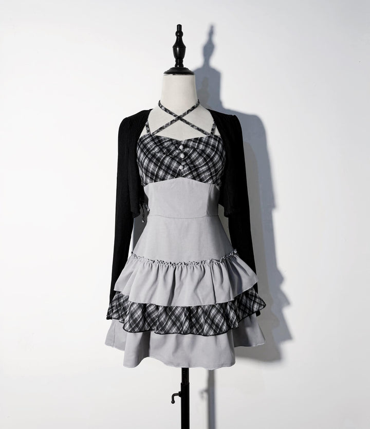 Jirai Kei Plaid Halter Neckline Dress, Solid Bolero (L M XL) 46017:872687