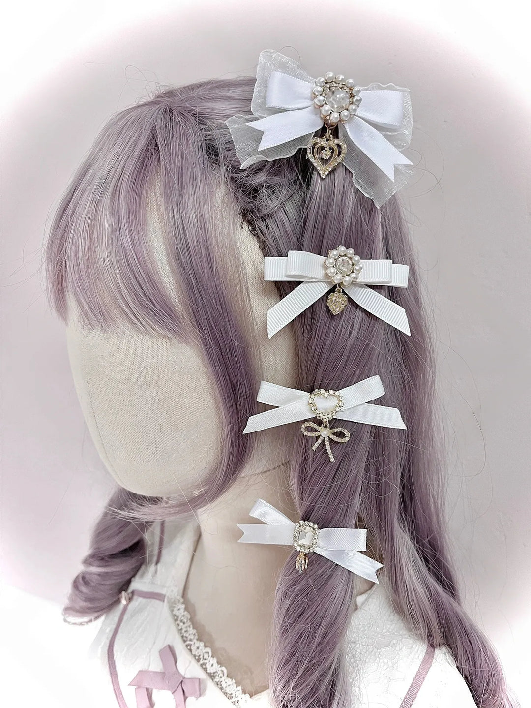 Jirai Kei Bow Hair Clips Set, Rhinestone & Pearl Accent 45776:866493