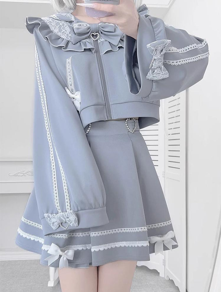 Cat Ear Jirai Kei Zip-Up Hoodie, Pleated Skirt 43809:786296
