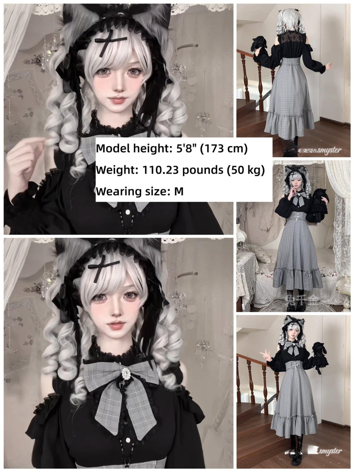 Jirai Kei Open-Shoulder Long Dress, Detachable Bow 44754:824058