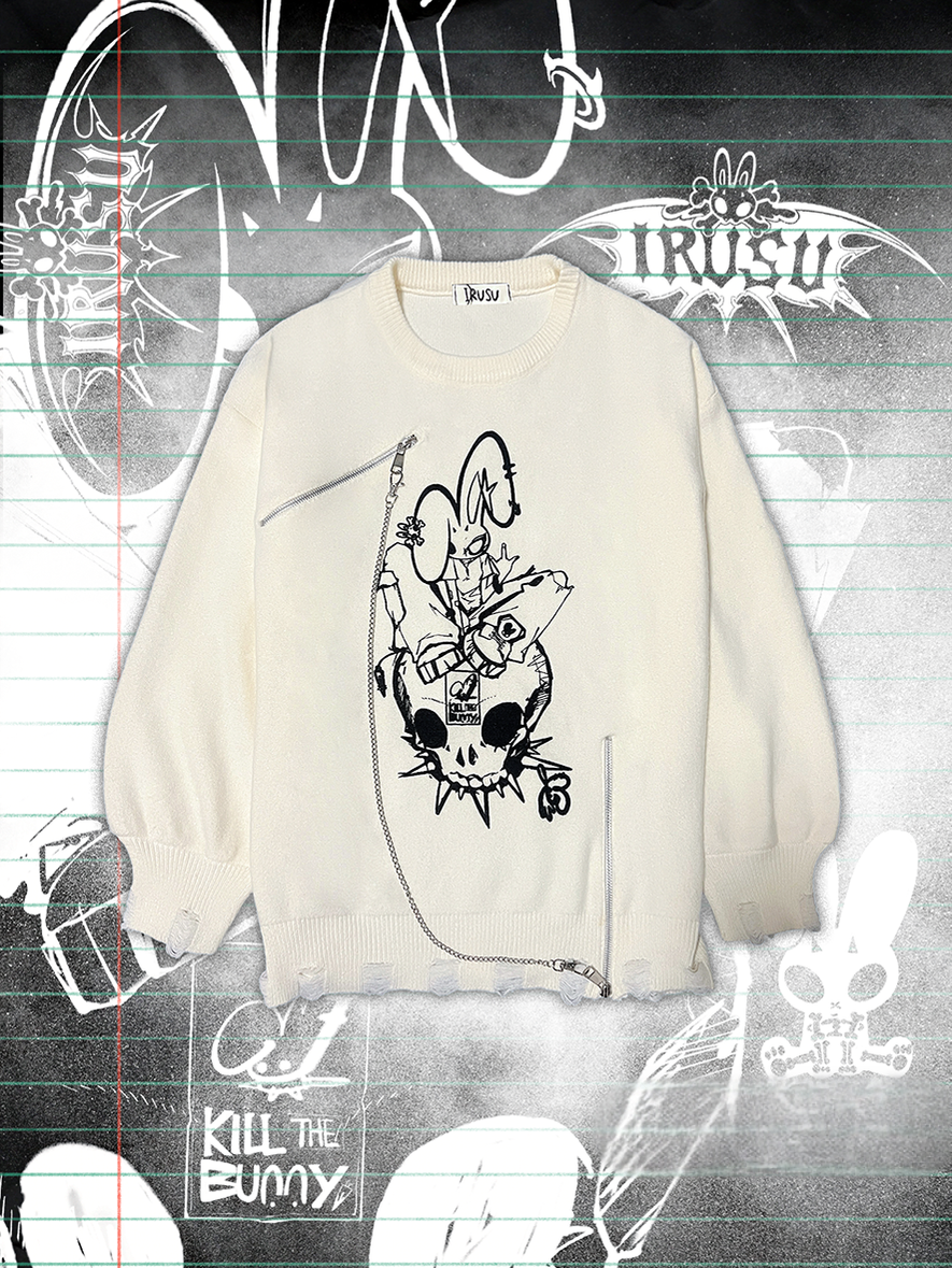 Punk Sweater Black White Rabbit Ripped Sweatershirt Knit Top 41158:696864