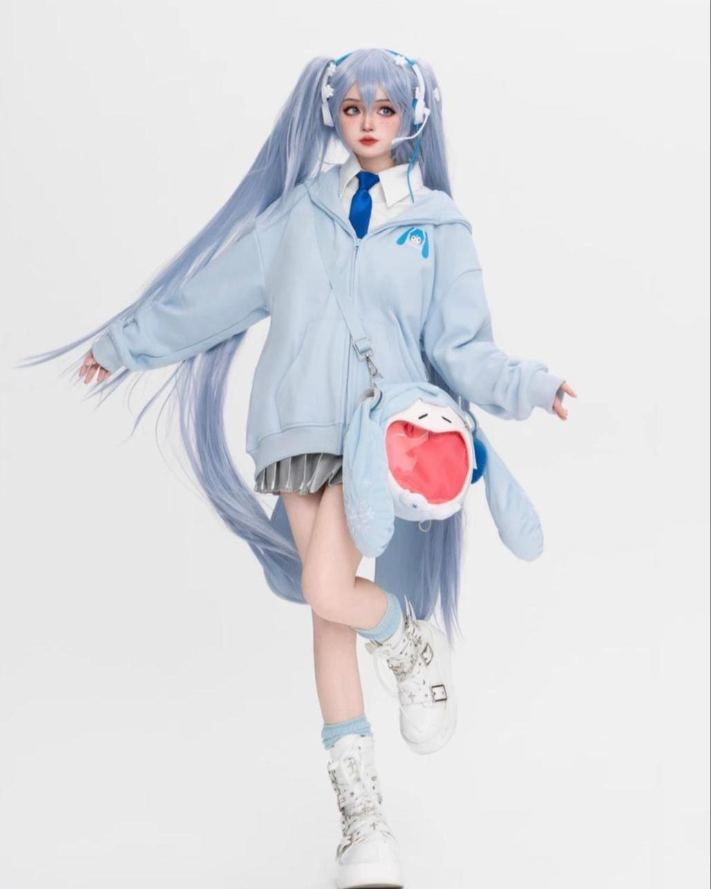 Kawaii Jacket Detachable Bunny Ears Hoodie Pleated Skirt 42014:723932