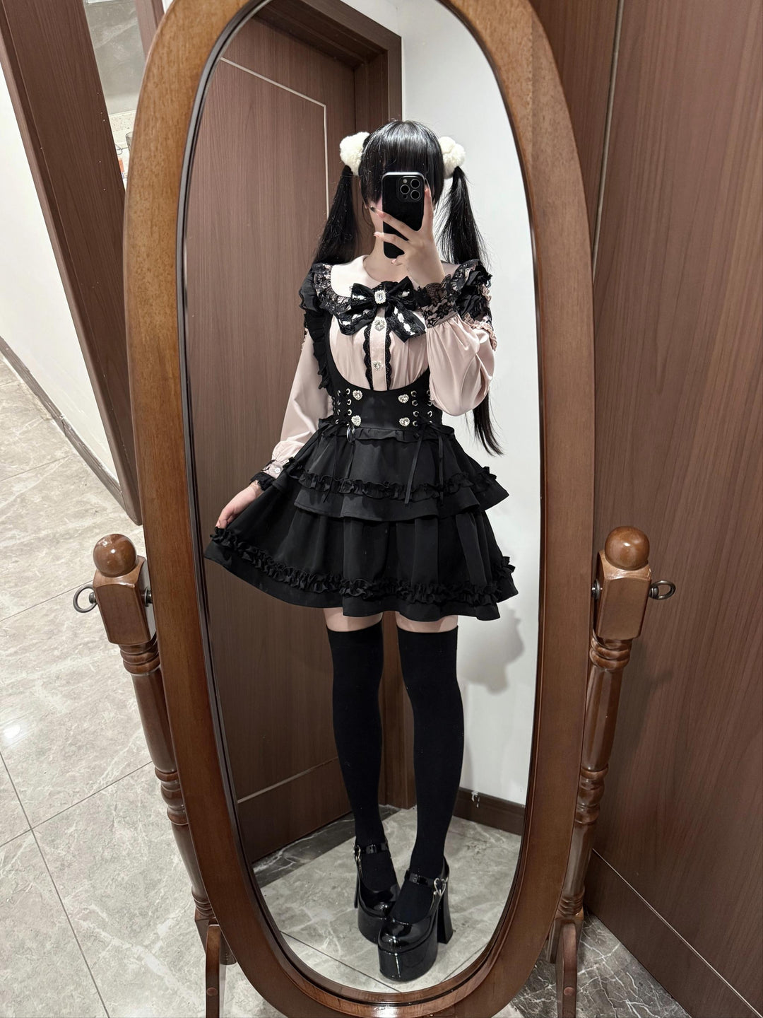 Jirai Kei Long Sleeve Blouse, Black Suspender Skirt 44031:803512