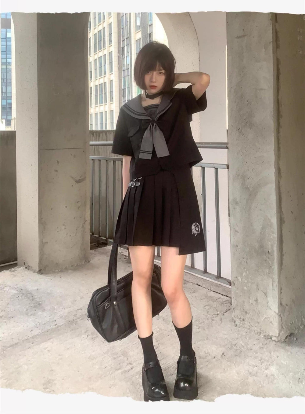 Black JK Uniform Sailor Collar Top Pocketed Pleated Skirt 43025:762736