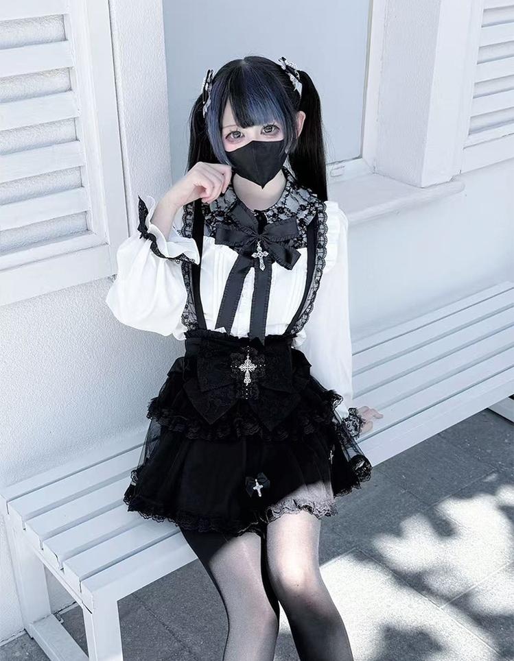 Plus Size Jirai Kei Cross Skirt Set, Detachable Suspender 43761:784558