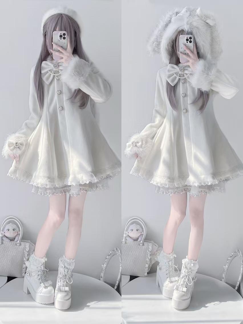 Jirai Kei Coat Wool Blend Coat Bunny Ear Hood Jacket 41328:690788