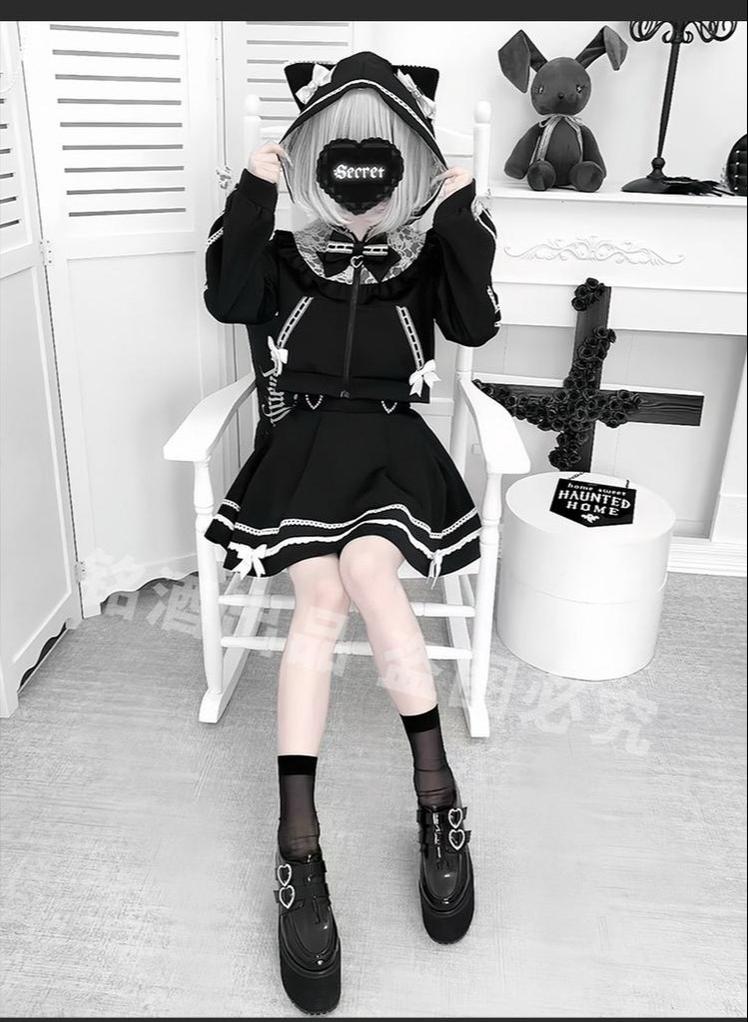 Cat Ear Jirai Kei Zip-Up Hoodie, Pleated Skirt 43809:786299
