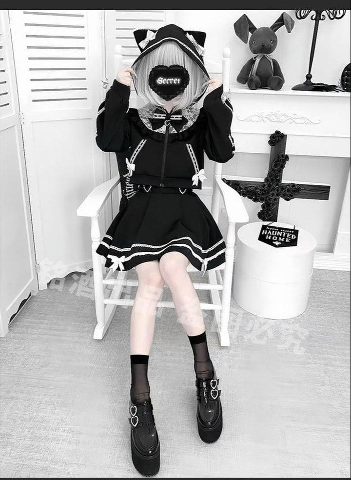Cat Ear Jirai Kei Zip-Up Hoodie, Pleated Skirt 43809:786299