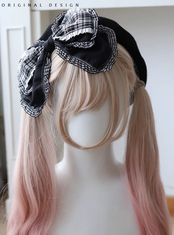 Lolita Beret Retro Bow Hat Black And White Plaid Hat 39650:635562