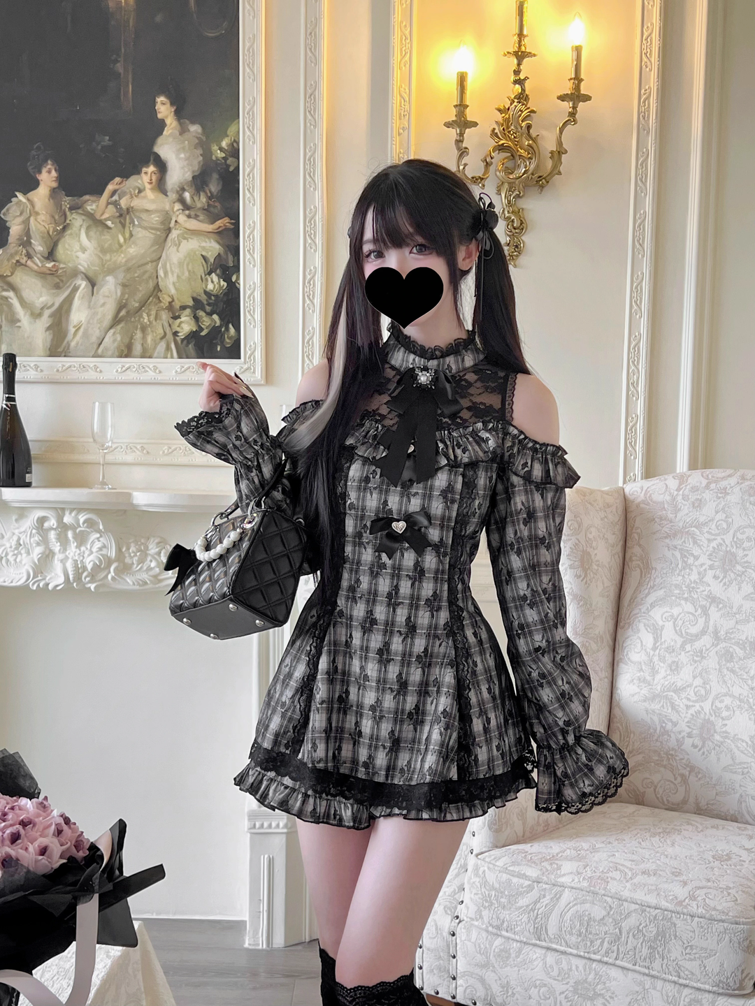 Jirai Kei Dress Open-shoulder Lace Patchwork Shorts Set Jirai Kei Dress Open-shoulder Lace Patchwork Shorts Set
