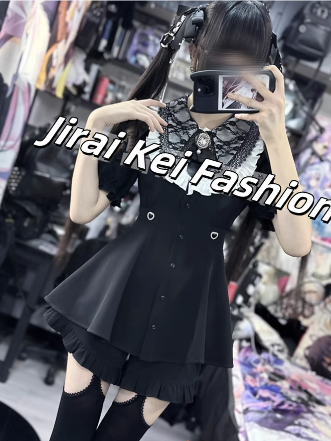 Jirai Kei Outfit Set Black Lace Dress And Shorts Set 39504:628772