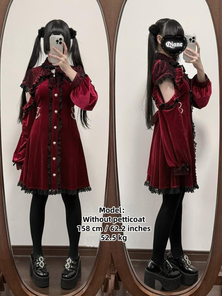 Jirai Kei Dress Velvet Open Shoulder Long-Sleeved Dress 41316:691984