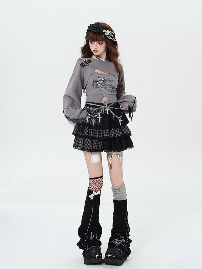 Gyaru Fashion Sweater Sexy Long-Sleeve Knitted Two-Piece Set 41788:719348