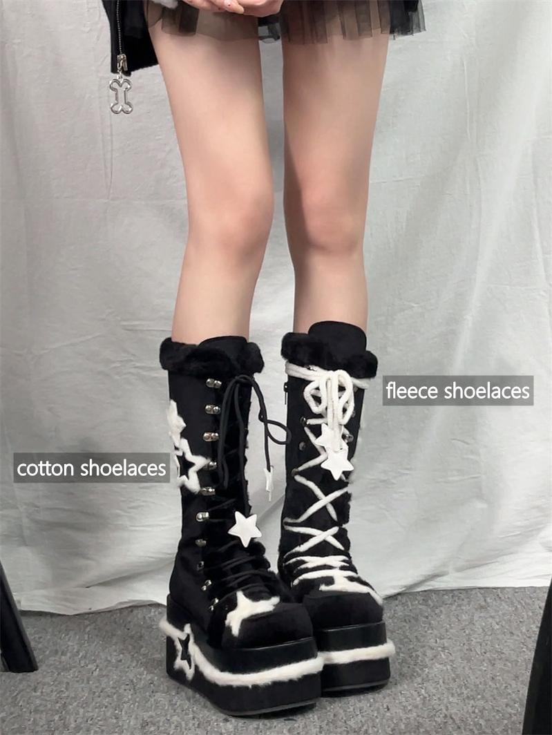 Y2K Platform Shoes Black Plush Combat Boots 33824:439598 33824:439598